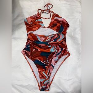 Fluid Pattern Ruched Halter One Piece Swimsuit